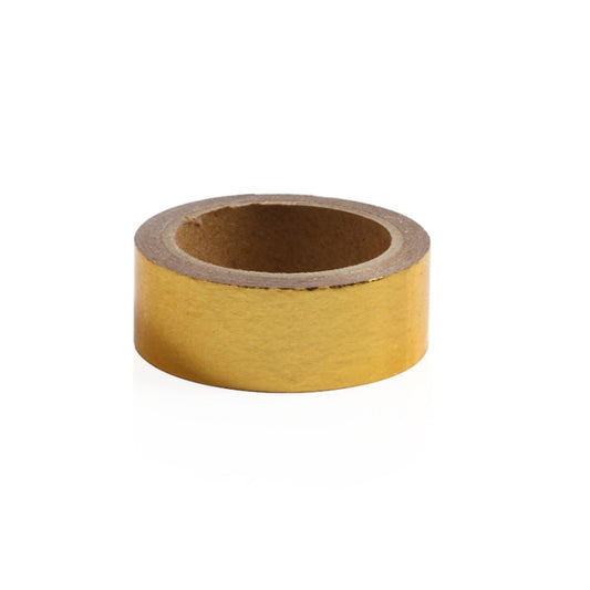 Gold metallic decorative tape roll with exposed adhesive backing and cardboard core