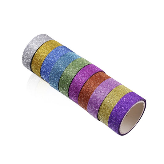 Decorative glitter washi tape roll with multi-color striped bands, purple blue green gold