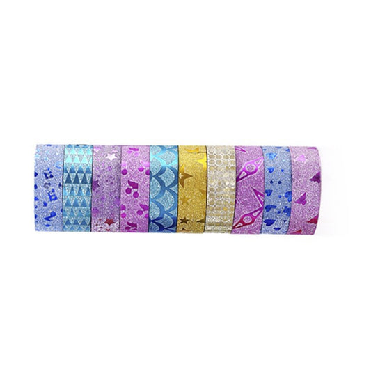 Glitter decorative tape strip laid flat with multicolor patterned bands, purple blue gold