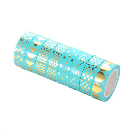 Turquoise paper stamping tape roll set with gold hearts, triangles, and chevrons