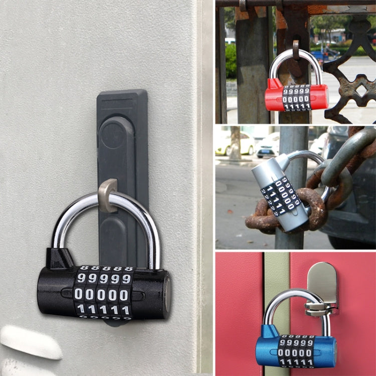 Black 5-digit combination padlock mounted on a door handle loop