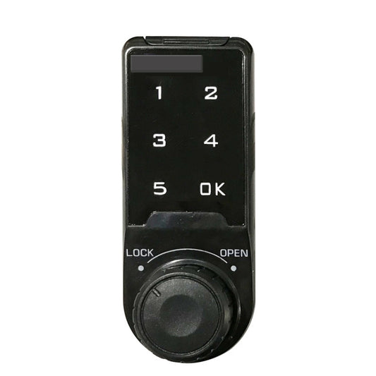 Black electronic keypad door lock with circular dial and lock/open buttons