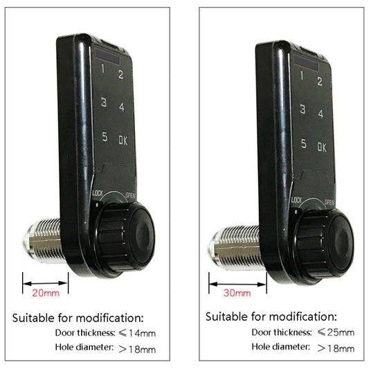 Black electronic keypad lock with threaded mounting bolt, side view
