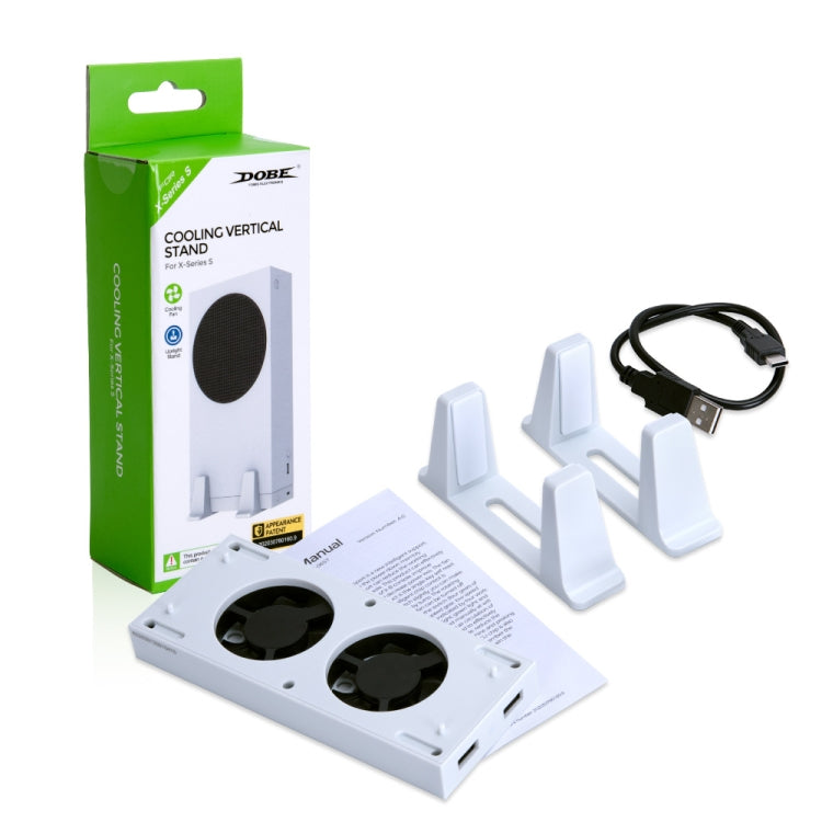 White dual-fan cooling stand kit with retail box, cable, and mounting feet