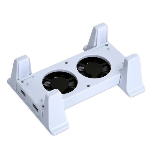 White dual-fan cooling stand base for game console, with two fan circles and side grips