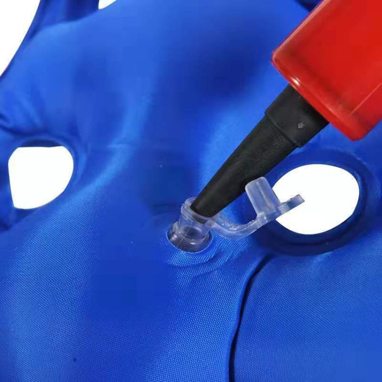 Inflatable blue wheelchair cushion corner with air valve and attached nozzle