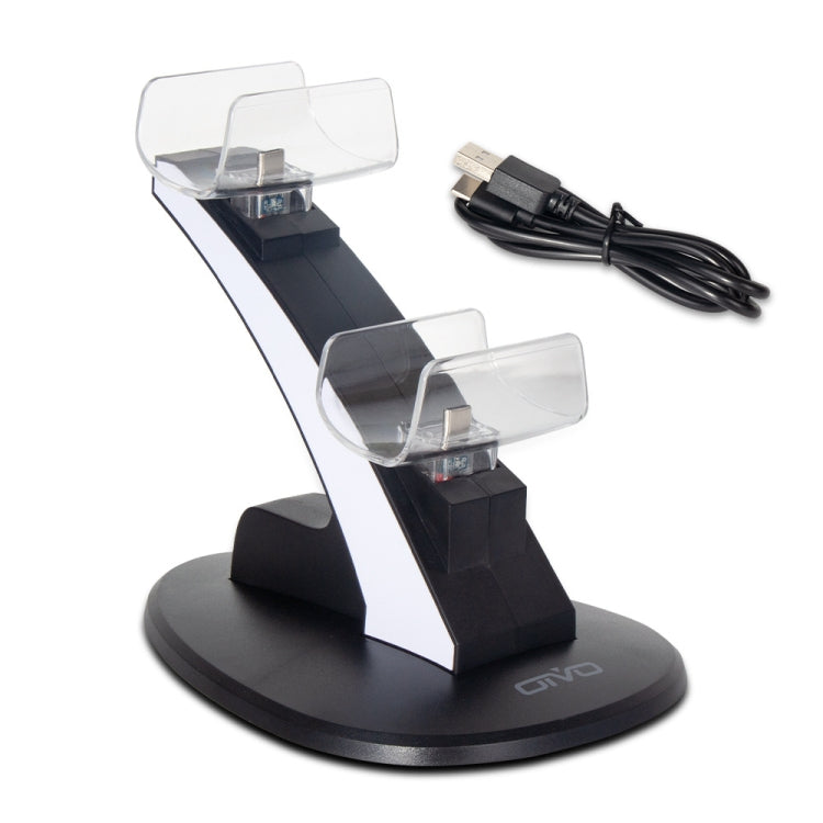 Black PS5 gamepad charger stand with clear cradle and USB cable, black circular base