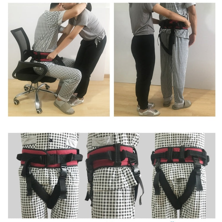 Anti-fall get up belt worn at waist over clothing, black webbing with red pads and straps