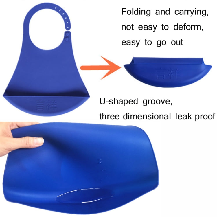 Folded blue silicone bib with U-shaped groove for spill-resistant catch