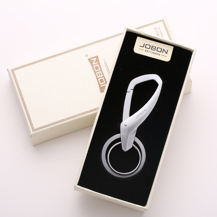 JOBON boxed metal double-ring keychain, curved clip with two circular rings, silver
