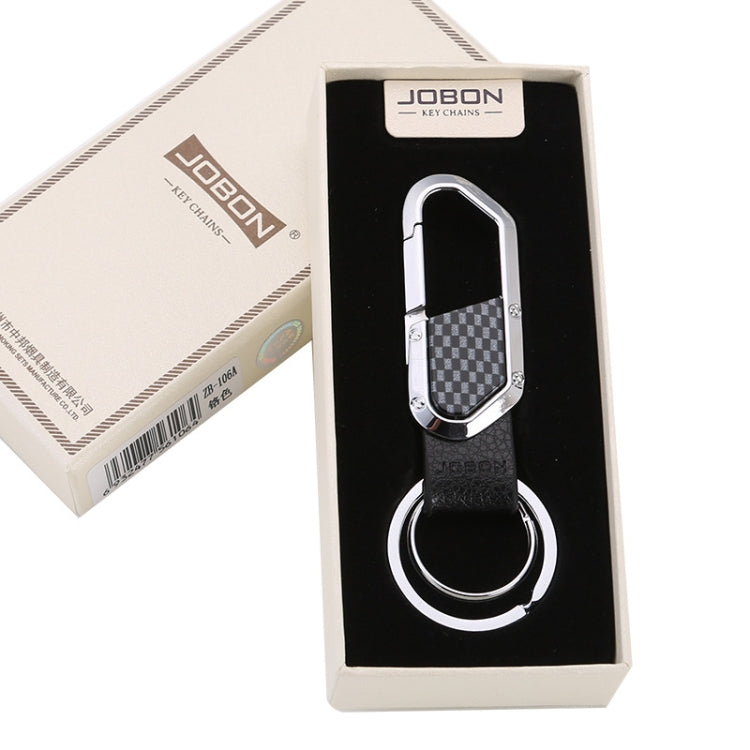 JOBON keychain in box: silver metal double-loop frame with black leather strap
