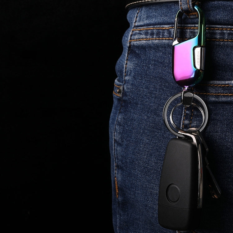 Car keychain hanging from jeans loop with black key fob case and round keyring