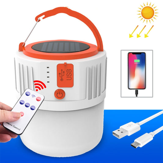 Portable solar LED emergency lantern with remote control, white body and orange top handle