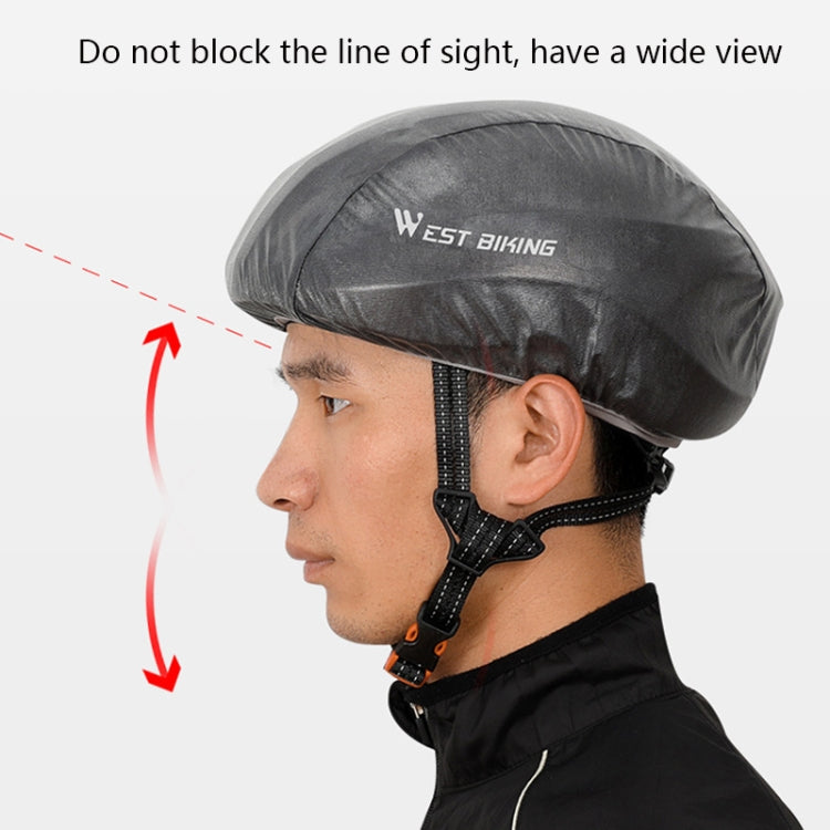 Dark grey bicycle helmet cover worn with chin strap for cyclists