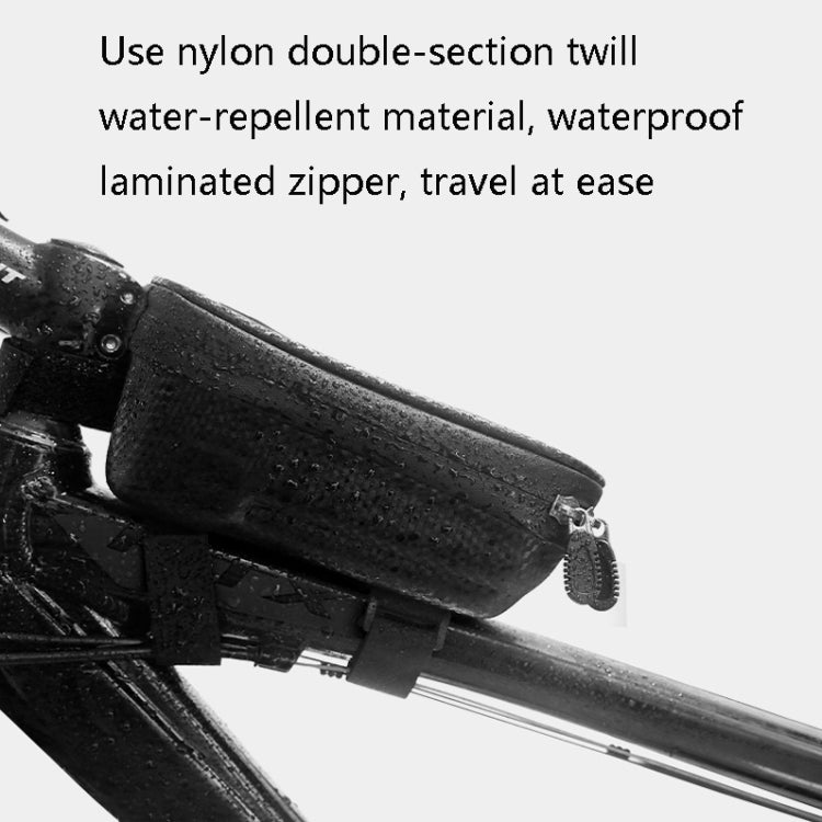 Waterproof bicycle handlebar bag close-up with sealed zipper and textured hard shell