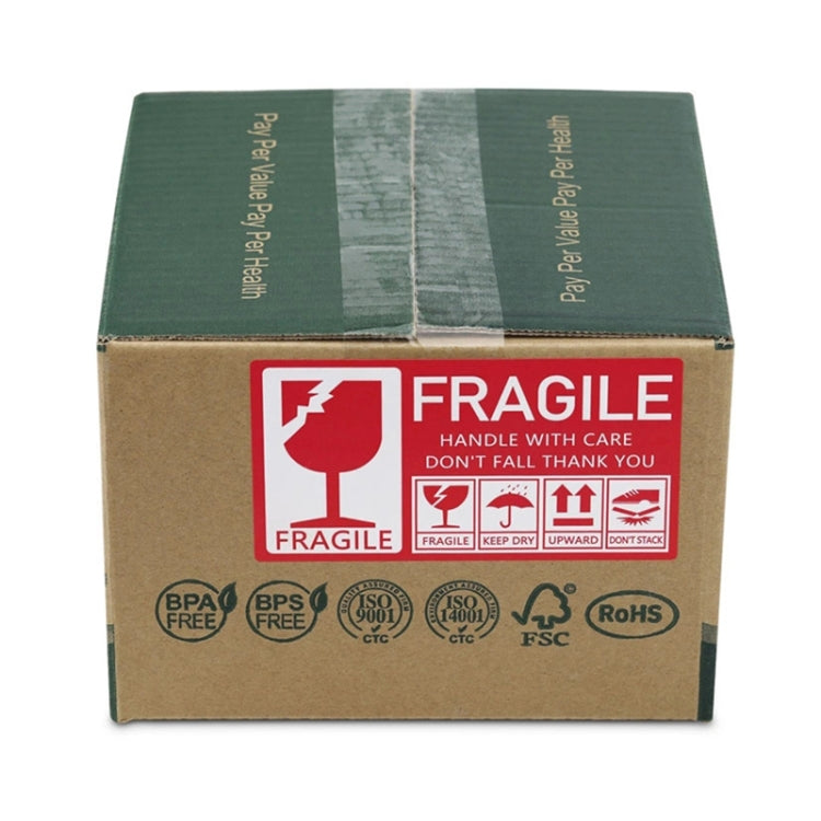 Cardboard box with Fragile warning sticker, red and white handle with care F41