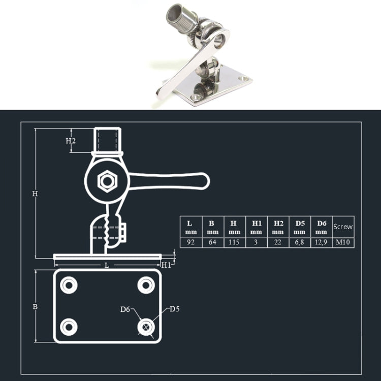 VHF antenna base mount diagram showing 92mm mounting dimensions