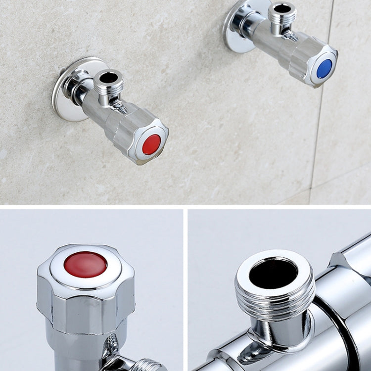 Chrome angle valve pair with red/blue indicator caps and threaded outlet ports