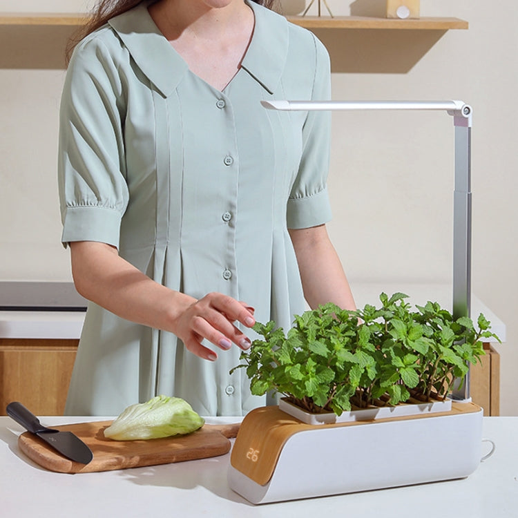 Hydroponic planter with leafy herbs on a white and wood plant growth lamp