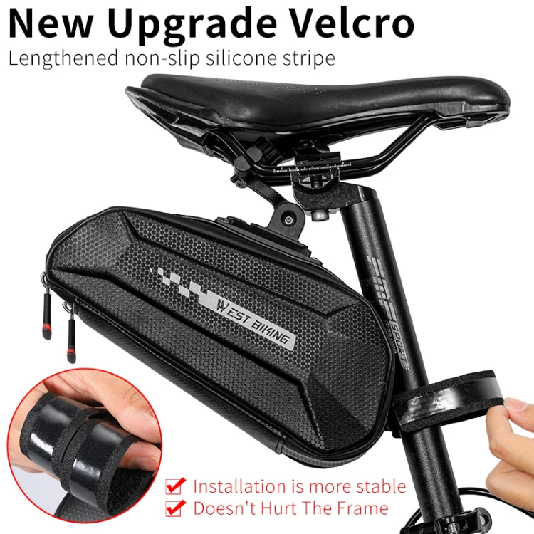 Black hard-shell bicycle tail bag with West Biking logo, mounted with non-slip velcro strap