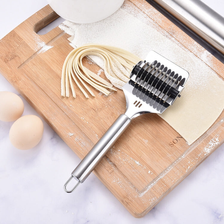 Stainless steel noodle cutter with ribbed rollers on wide plate and long handle