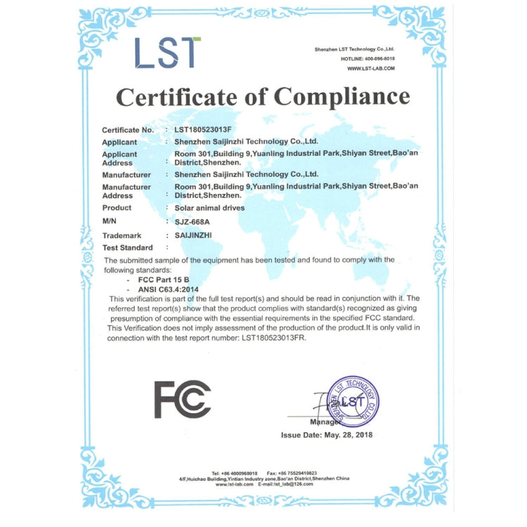 Certificate of compliance document with FCC logo and LST approval seal