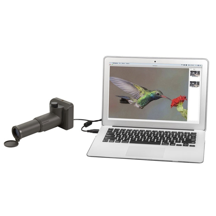 USB digital telescope plugged into laptop showing a bird on screen