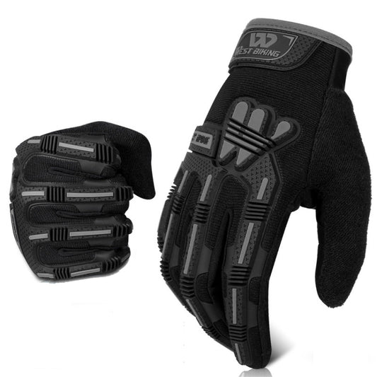 Black long-finger riding gloves with padded knuckle armor and reinforced palm panels.