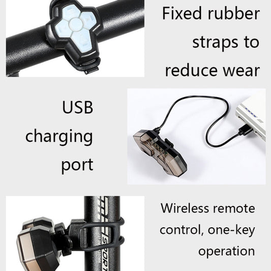 Bicycle tail light showing fixed rubber straps and USB charging port with cable