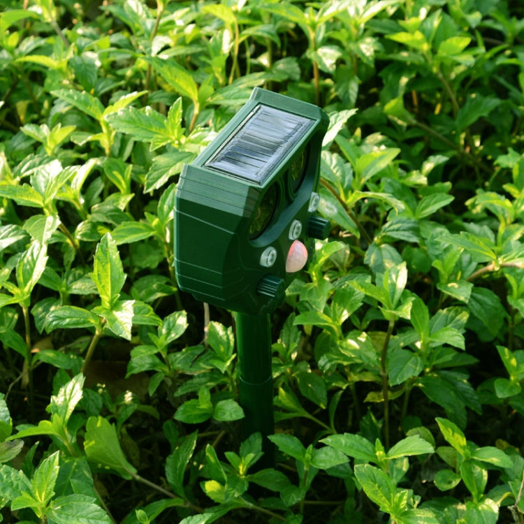 Solar ultrasonic insect repellent device, angled front view with solar panel on stake