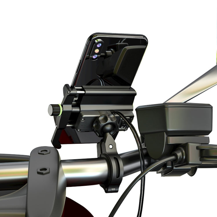 Close-up of black motorcycle phone bracket with clamp and cable connections
