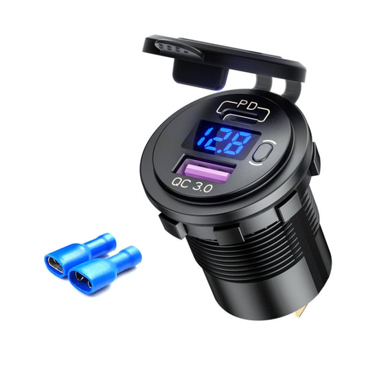 Car USB charger with voltage display, PD/QC3.0 ports, blue LED indicator lights, black design