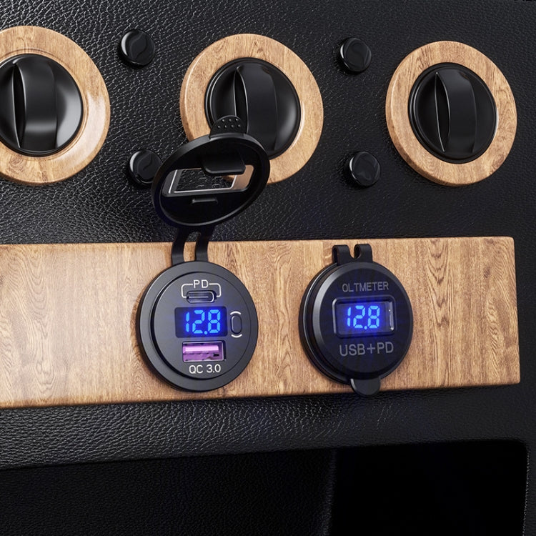 Car USB charger with voltage display and PD/QC3.0 port, shown with second meter charger