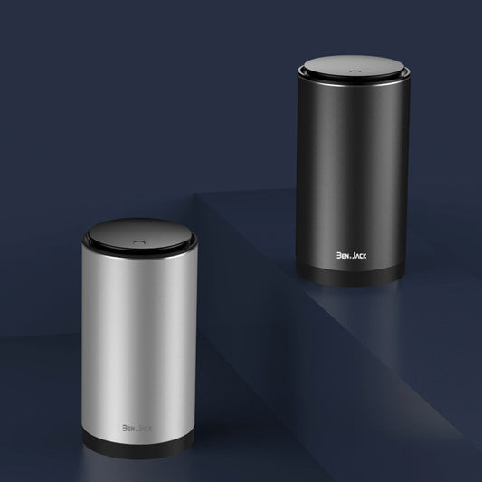 Cylindrical car trash can pair: one silver and one dark gray with black lids