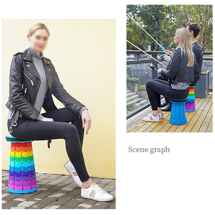Rainbow folding stool under seated person, round blue top and stacked rainbow base