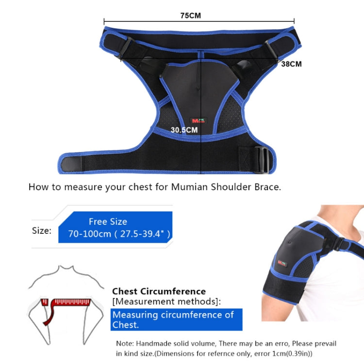 Black and blue shoulder brace with adjustable straps, displayed with chest measuring guide