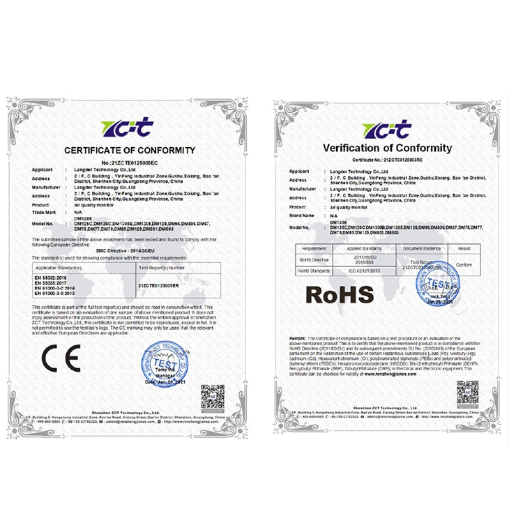 Conformity and RoHS certification documents for the CO2 detector