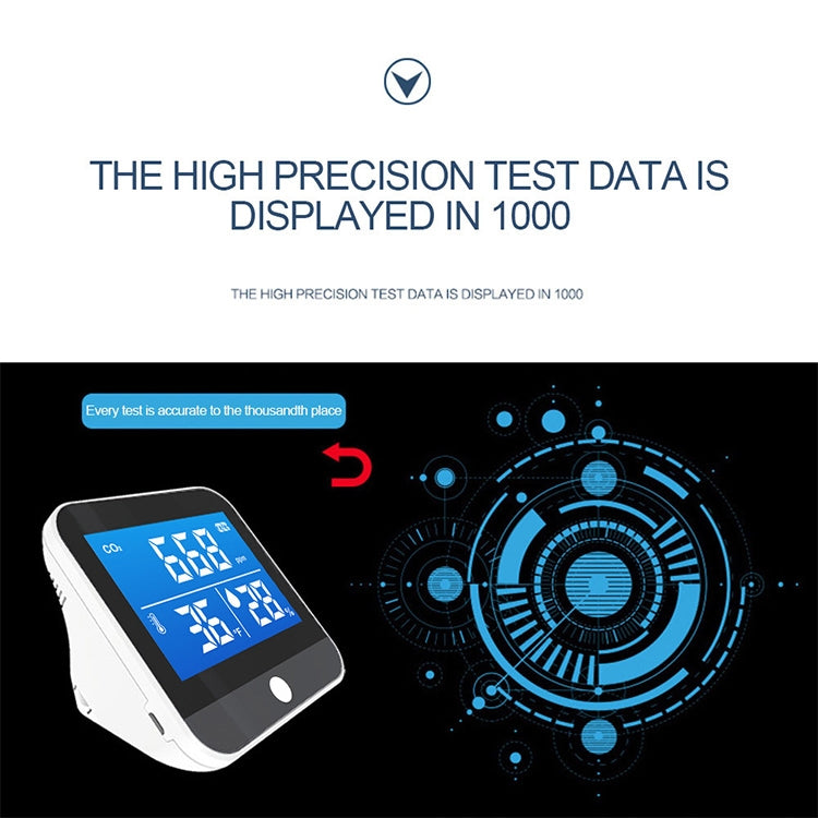 CO2 air quality detector with blue LCD shown next to a radar-style accuracy graphic