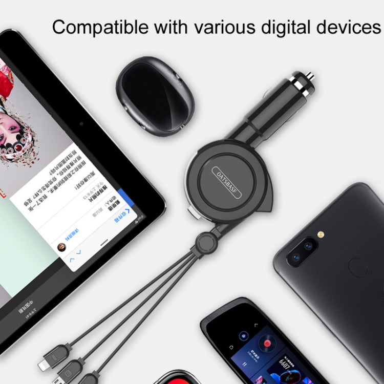 Black retractable car charger with multi-connector cable for digital devices