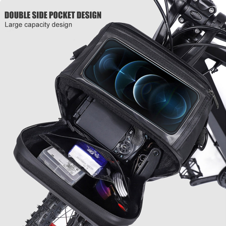 Black double-compartment bike handlebar bag with side pockets and touch screen