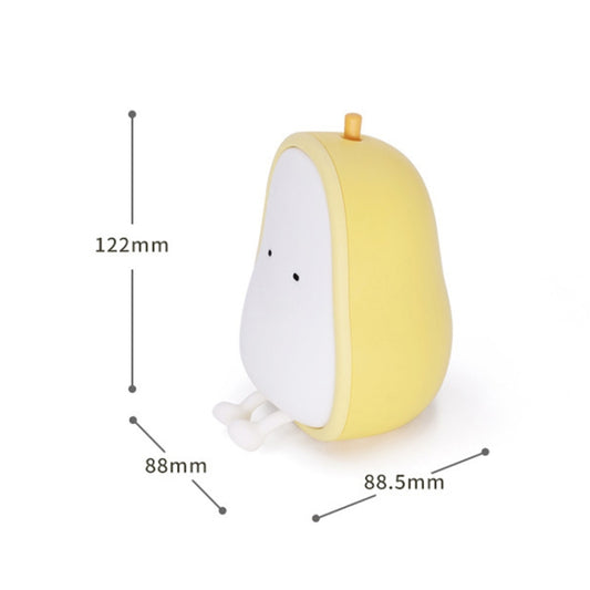 Pear-shaped silicone LED night light with white front panel and small feet, angled view.