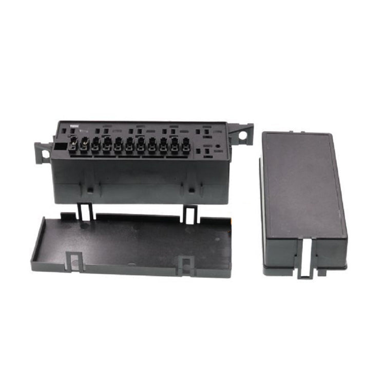 Car fuse and relay box with open wiring terminal block and gray cover, black base