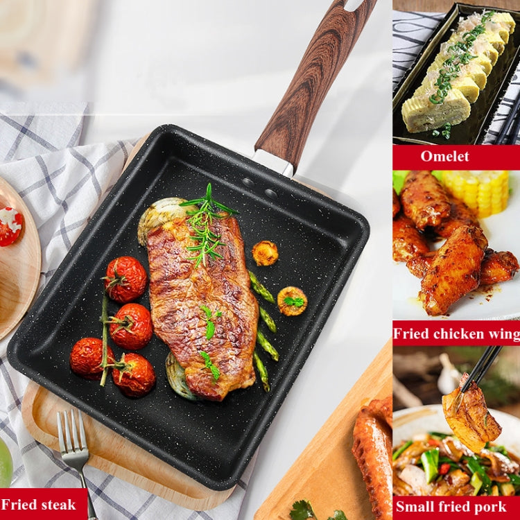 Square nonstick frying pan with wood-grain handle, filled with cooked food