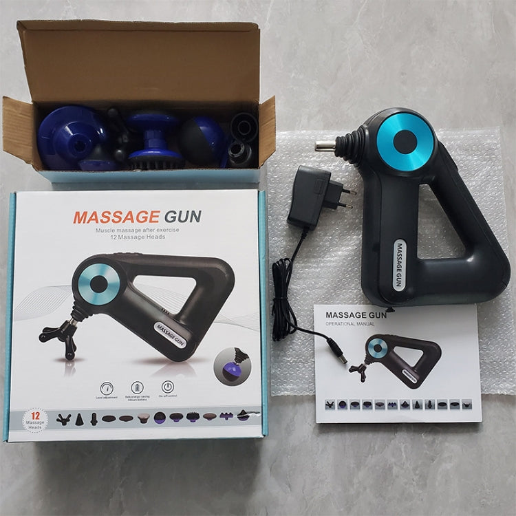 Massage gun kit with boxed unit, black device, blue head, power adapter, and attachments