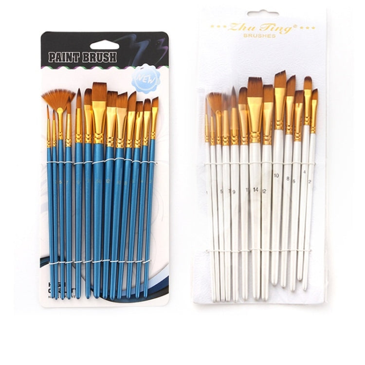 Packaged watercolor brush set showing blue and white handle assortments