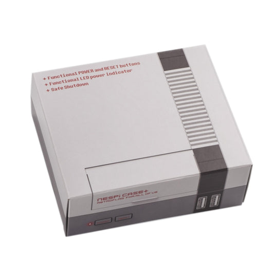 Retro game-style Raspberry Pi case with power buttons and LED indicator light