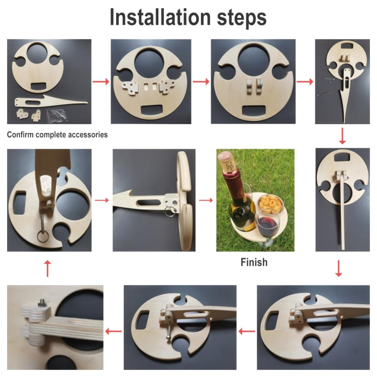 Wine table installation steps diagram showing assembly of folding parts