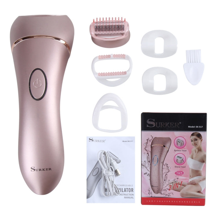 Rose-gold electric hair removal device with included attachments and charging cable set
