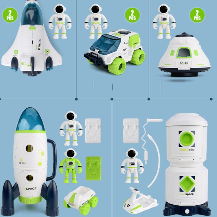 DIY space rocket model kit with astronaut figure, accessories, and launch base