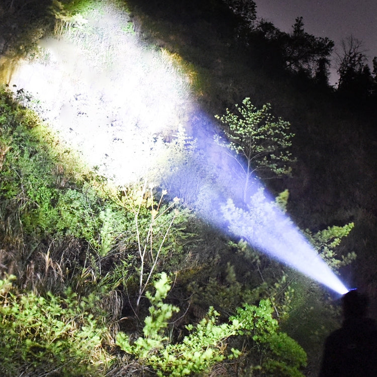 LED headlamp shining a wide white beam onto outdoor vegetation at night